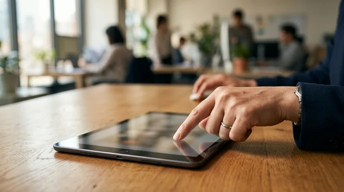A Korean administrator's hand tapping the screen of a tablet on a wooden desk.