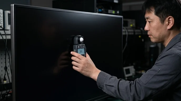 A Korean technician's hand holding a light meter against the matte black surface of a large display.