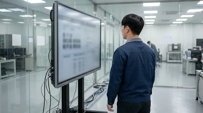 Rear view of a Korean engineer observing the installation environment around a large display panel in a lab.