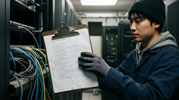 A Korean technician's gloved hand holding a maintenance checklist on a clipboard near dusty network cables.
