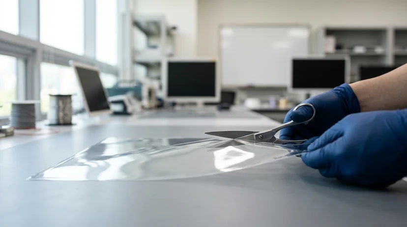 A gloved hand using scissors to cut a sheet of clear flexible display film on a smooth grey workbench under bright light.