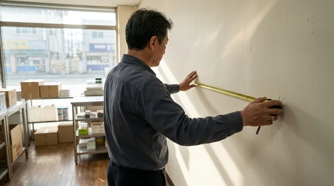 A Korean store manager measuring viewing distance in front of an empty wall with a tape measure.
