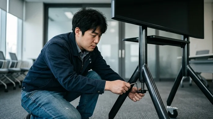 A Korean technician adjusting the brake of a mobile stand in a meeting room.
