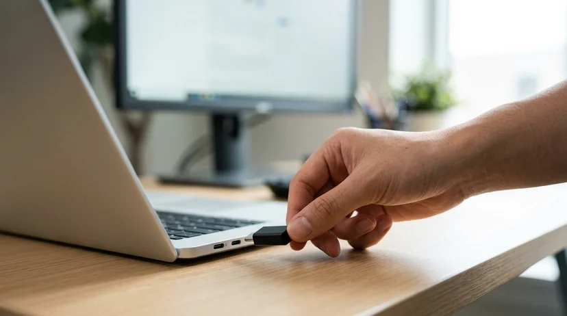 A Korean hand plugging a USB-C dongle into a laptop on a desk with a large screen in the bright background.