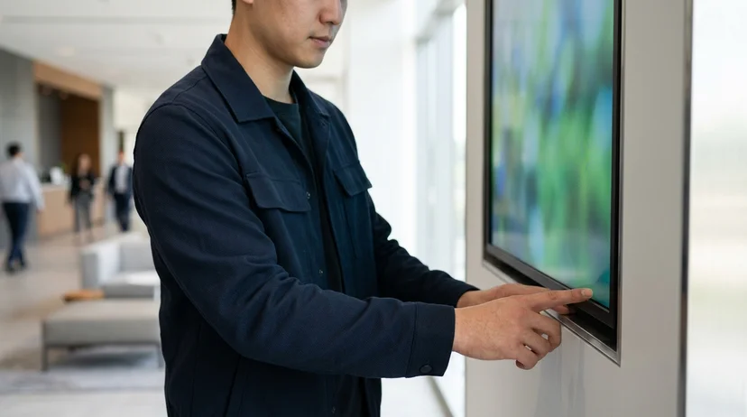 A Korean technician gently pressing the bottom corner of a seamless digital signage embedded in a wall with bare hands.