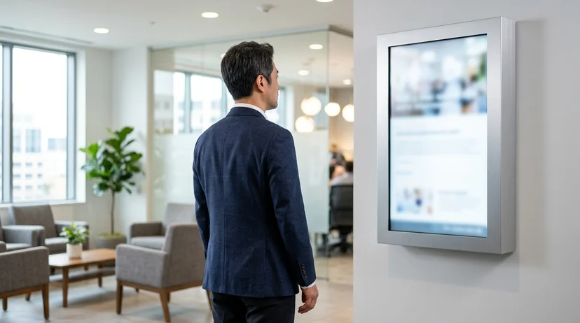 A Korean man in his forties as a visitor viewed from behind looking at a digital signage near a waiting area.