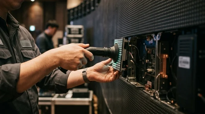 Two hands using a vacuum suction tool to remove an LED module from the front of a large display.