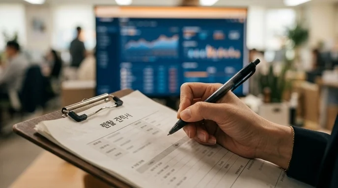 A Korean marketer's hand holding a pen over a blurred rental quote near a large screen.