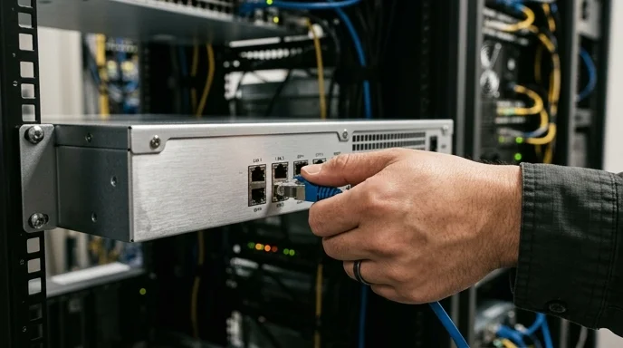 A Korean network engineer's hand plugging an ethernet cable into the rear port of a controller.