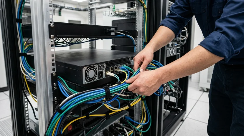 A Korean technician's bare hands organizing cable bundles behind a media server in a rack.