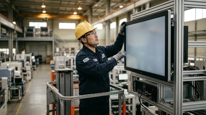 A Korean technician on an indoor lift handling the top edge of a large display connected to an industrial PC in a factory.