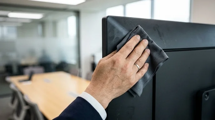 A Korean manager's hand wiping a smudge from an LED panel bezel in a meeting room, background out of focus.