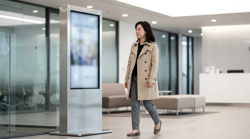 A female customer in a trench coat walking past a fixed vertical large display in a bright lobby.
