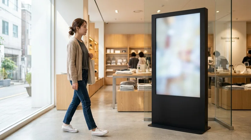 A Korean customer walking past a large screen near a sunny store window.