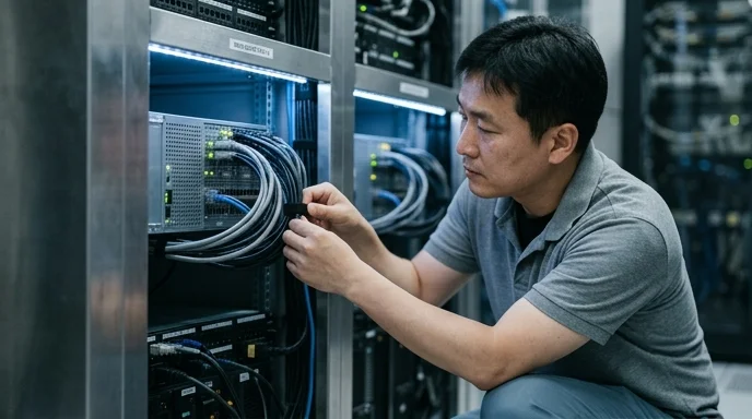 A Korean IT administrator organizing a bundle of thick cables behind a media server in a network rack.