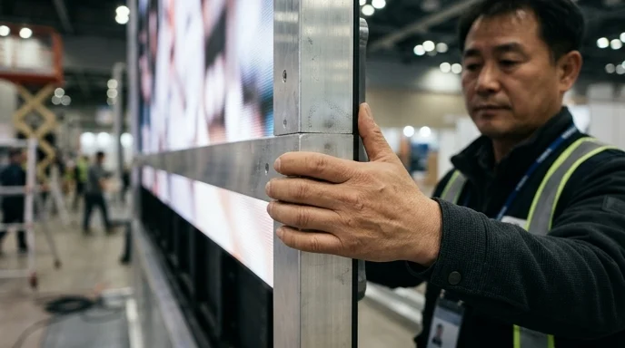 A Korean site manager's hand touches the metal joint of a screen frame to check its stability.