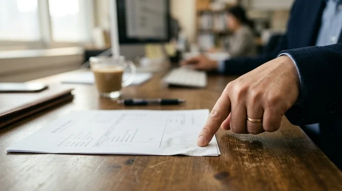 A Korean manager's hand pointing at the bottom of a printed document on a desk.