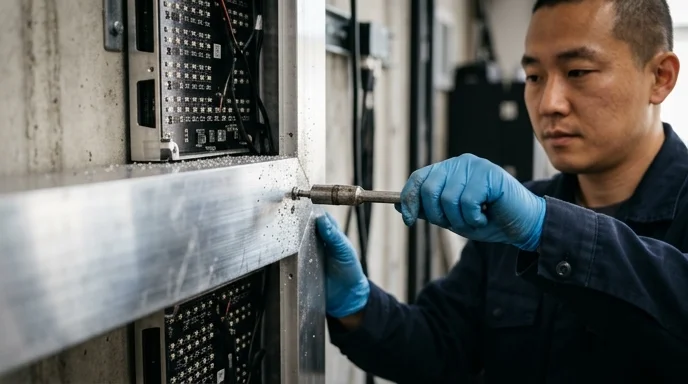 A Korean technician's gloved hands tightening a bolt on an LED cabinet.