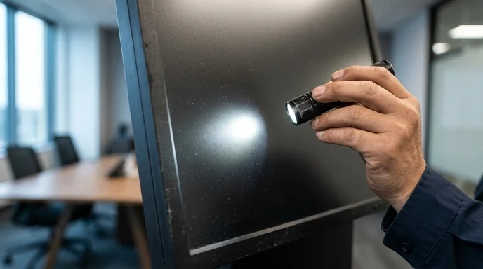 A Korean technician's hand shining a flashlight on a digital signage screen to check the anti-glare coating.