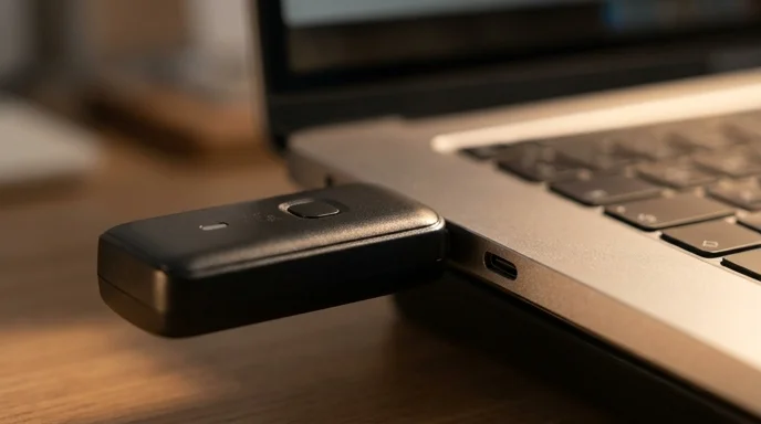 Macro view of a wireless transmitter next to a laptop used to connect to the meeting room display.