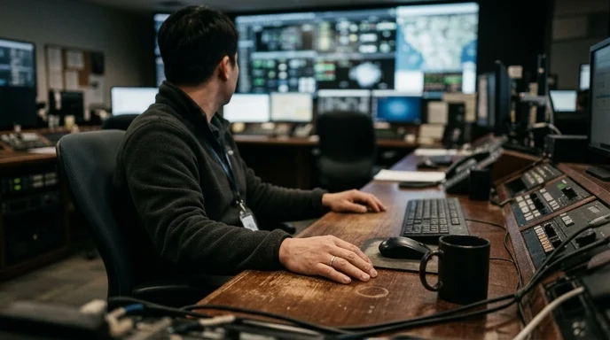 A Korean operator viewed from behind resting hands on a worn desk in a control room with a wall screen.