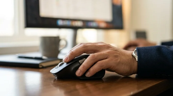 A manager's hand clicking a computer mouse on a clean desk with the monitor screen out of focus.