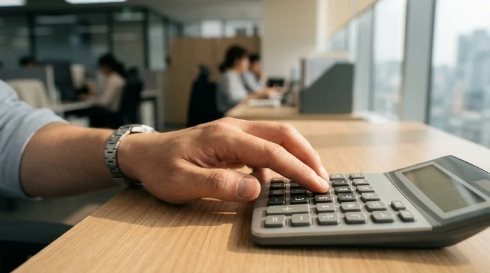 A Korean manager's hand pressing buttons on a desktop calculator on a clean desk.
