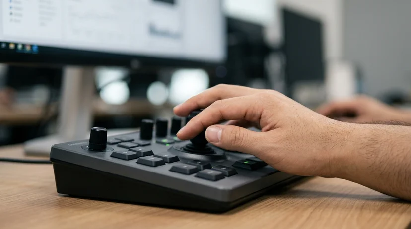 Hands of a Korean technician operating a controller on a desk with a monitor out of focus.