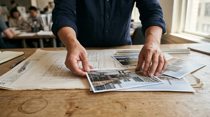 A Korean project manager's hands spreading out floor plans and site photos on a table.