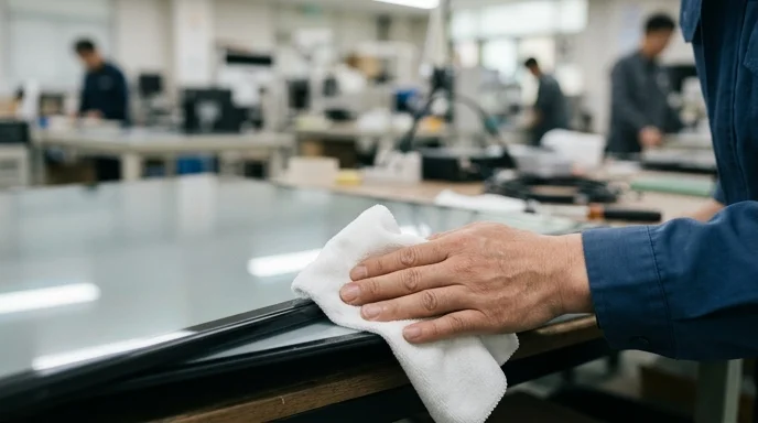 Close-up of a worker's hand carefully wiping the lower corner of a display panel with a cloth.