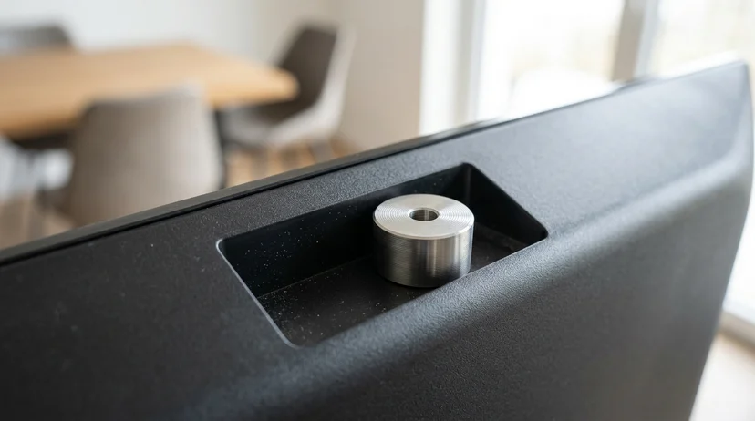 Close-up of a metal spacer placed on the recessed back of a screen frame.
