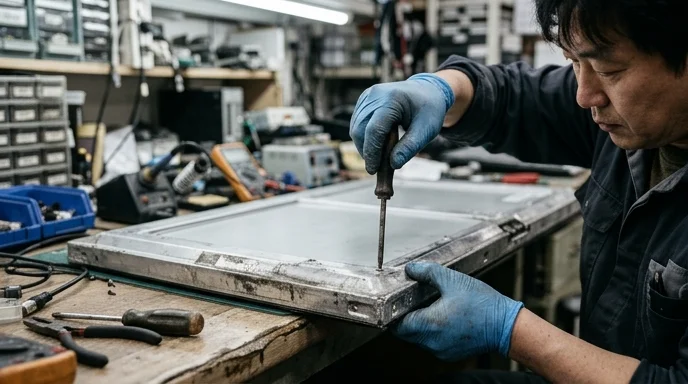 A technician's gloved hands dismantling a large display panel with a screwdriver.