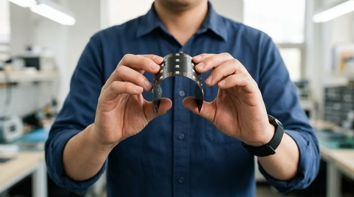 A Korean male engineer's hands gently bending a flexible LED module panel to check its curve.