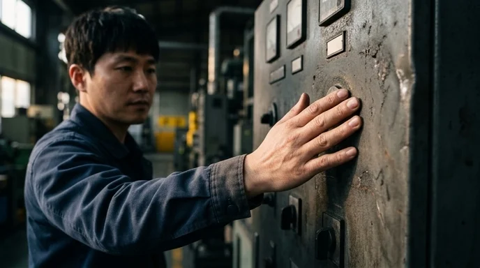 An engineer's bare hand feels the deep scratches and thick dust on a metal industrial control casing.