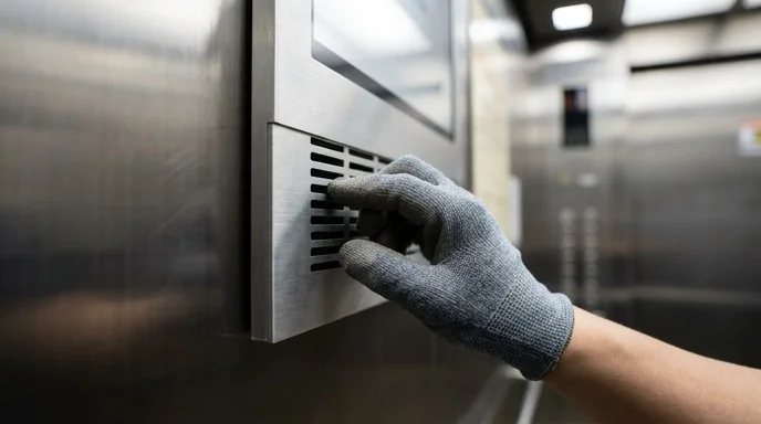 A technician's gloved hand touches the metal ventilation slots of a digital signage panel mounted on an elevator wall.