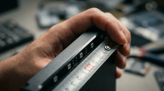A Korean technician's hand holding a metal measuring tape against the matte surface of an LED pixel module.