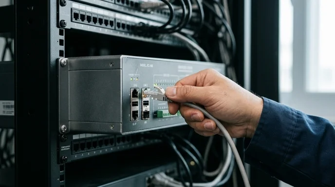 A technician's hand inserting a cable into a controller port on a dark rack.