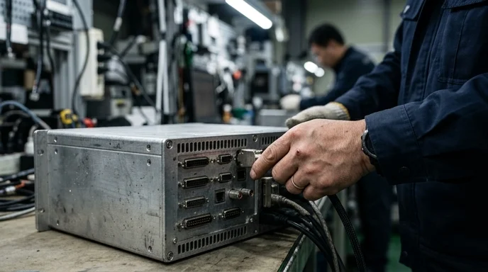 A technician's hand checks the rear ports of a sturdy metal controller unit, which shows dust and faint scratches.