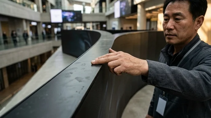 A Korean technician's hand running along the side edge of a curved large display installation showing fingerprints.