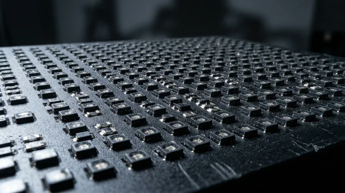 Macro view of an LED pixel module board showing tightly packed diodes and subtle dust particles under raking light.