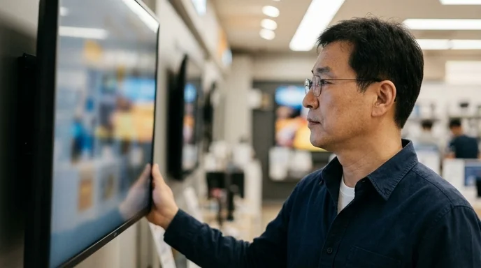 A Korean store manager checking the display output of a digital signage mounted on a wall.
