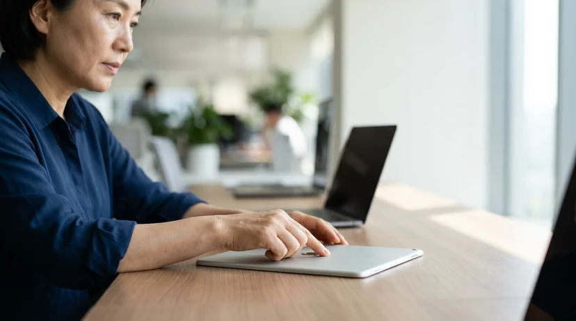 An operator's hands using a tablet on a desk to configure a media server.