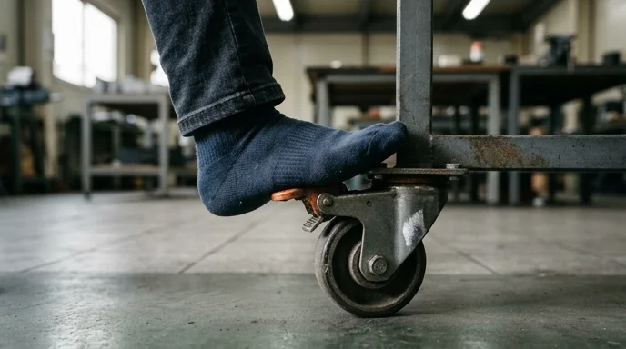 A person's foot stepping down on the lock mechanism of a caster wheel at the base of a stand.