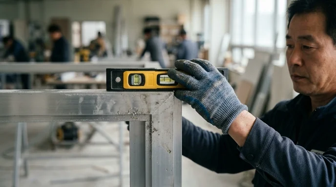 A Korean worker's gloved hand holding a level against an aluminum display frame.