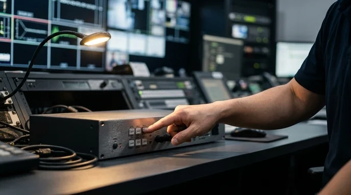 A staff member's hand presses a button on an AV processor on a clean control room desk to manage screens.