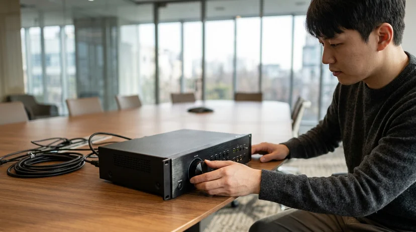 A technician turning the audio control dial of an AV processor on a table in front of a glass wall.