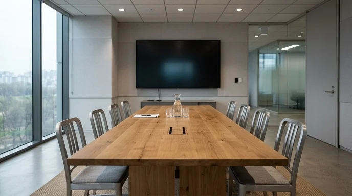 A wide indoor view showing an empty conference table and a large display for a custom commercial space solution.