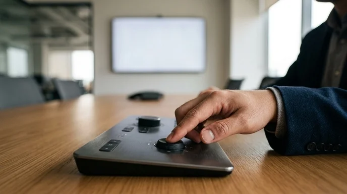A Korean employee's hand pressing a button on a metal controller panel on a table.