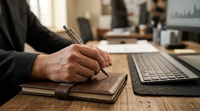 A Korean manager's hand writing with a metal pen on a closed leather diary.