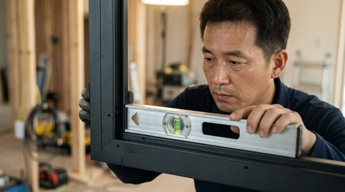 A Korean installer holding a precision spirit level against the corner of a screen frame.